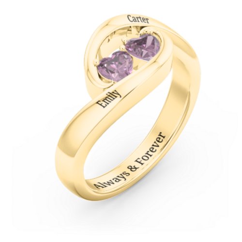 Engravable Double Heart Gemstone Wave Ring – 18K Gold Plated Silver with Alexandrite