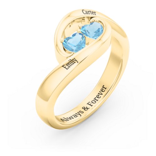 Engravable Double Heart Gemstone Wave Ring – 18K Gold Plated Silver with Blue Topaz