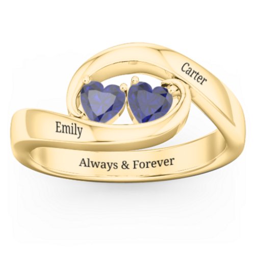 Engravable Double Heart Gemstone Wave Ring – 18K Gold Plated Silver with Blue Sapphire