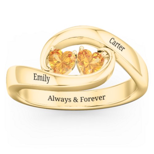 Engravable Double Heart Gemstone Wave Ring – 18K Gold Plated Silver with Citrine