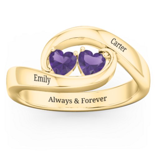 Engravable Double Heart Gemstone Wave Ring – 18K Gold Plated Silver with Amethyst