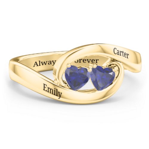 Engravable Double Heart Gemstone Wave Ring – 18K Gold Plated Silver with Blue Sapphire