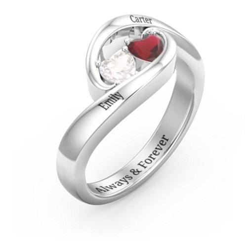 Engravable Double Heart Gemstone Wave Ring – Sterling Silver with Cubic Zirconia and Garnet