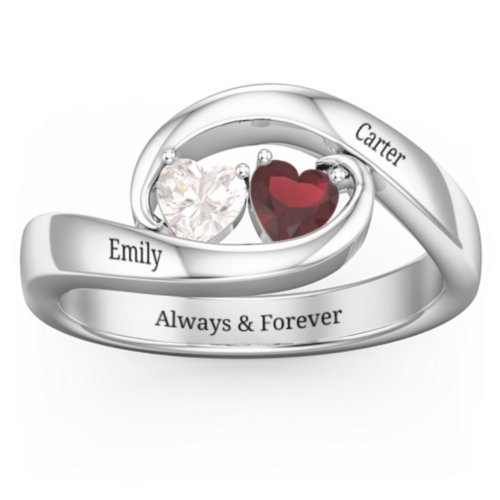 Engravable Double Heart Gemstone Wave Ring – Sterling Silver with Cubic Zirconia and Garnet