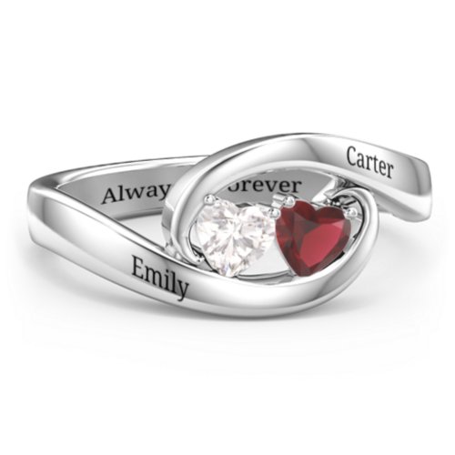Engravable Double Heart Gemstone Wave Ring – Sterling Silver with Cubic Zirconia and Garnet