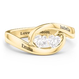 Engravable Double Heart Gemstone Wave Ring in 10K Solid Yellow Gold with Diamond