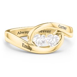 Engravable Double Heart Gemstone Wave Ring in 10K Solid Yellow Gold with Diamond
