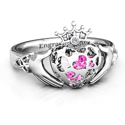 Caged Hearts Claddagh Ring in 925 Sterling Silver with Pink Tourmaline and Ruby