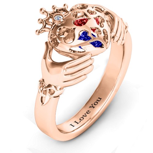 Caged Hearts Claddagh Ring – 10K Rose Gold with Blue Sapphire, Garnet, and Cubic Zirconia