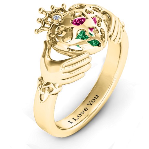 Caged Hearts Claddagh Ring – 10K Yellow Gold with Emerald, Ruby, and Cubic Zirconia