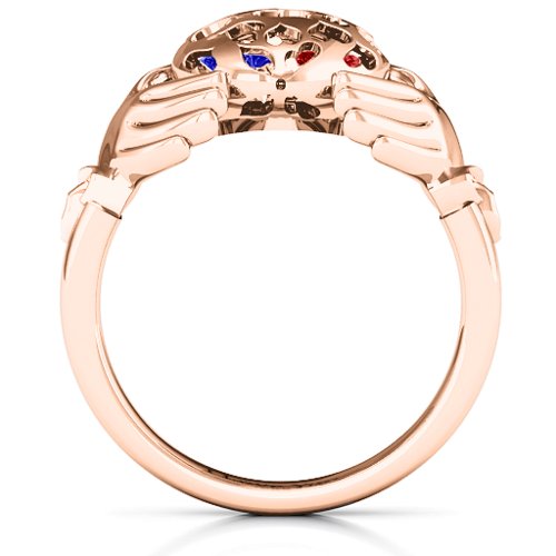 Caged Hearts Claddagh Ring – 10K Rose Gold with Blue Sapphire, Garnet, and Cubic Zirconia