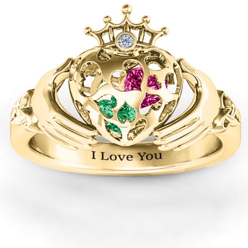Caged Hearts Claddagh Ring – 10K Yellow Gold with Emerald, Ruby, and Cubic Zirconia