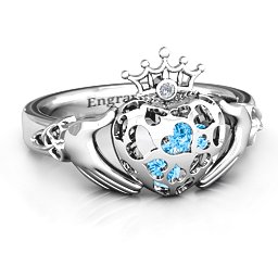 Caged Hearts Claddagh Ring in 925 Sterling Silver with Blue Topaz and Ruby
