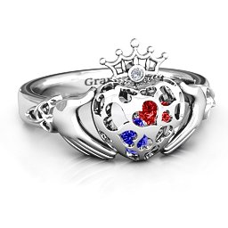 Caged Hearts Claddagh Ring in 925 Sterling Silver with Blue Sapphire, Garnet, and Ruby