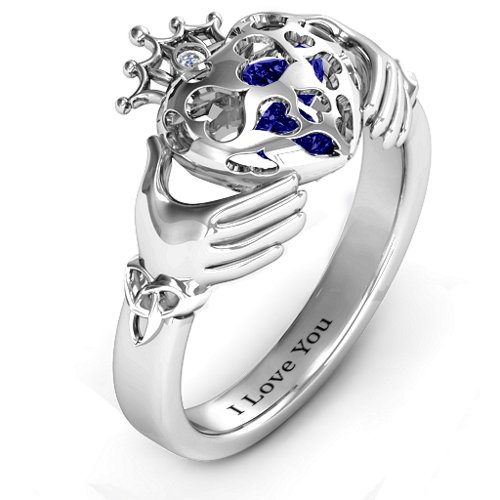 Caged Hearts Claddagh Ring – Sterling Silver with Blue Sapphire and Cubic Zirconia