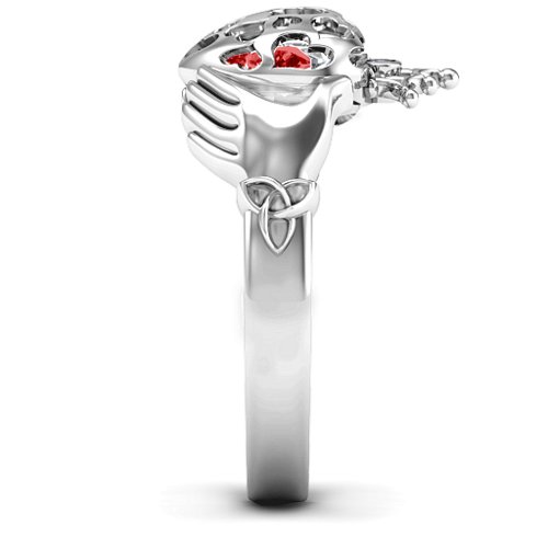 Caged Hearts Claddagh Ring – Sterling Silver with Garnet and Cubic Zirconia