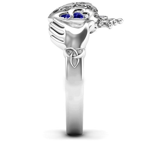 Caged Hearts Claddagh Ring – Sterling Silver with Blue Sapphire and Cubic Zirconia