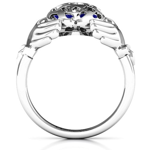 Caged Hearts Claddagh Ring – Sterling Silver with Blue Sapphire and Cubic Zirconia