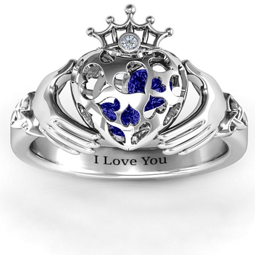 Caged Hearts Claddagh Ring – Sterling Silver with Blue Sapphire and Cubic Zirconia