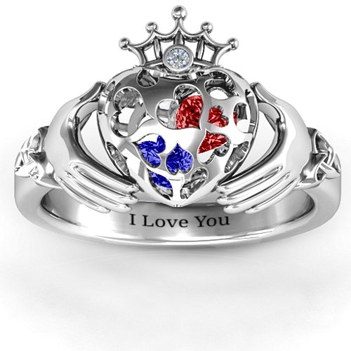 Caged Hearts Claddagh Ring – Sterling Silver with Blue Sapphire, Garnet, and Cubic Zirconia