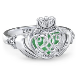 Caged Hearts Celtic Claddagh Ring in 925 Sterling Silver with Emerald