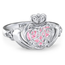 Caged Hearts Celtic Claddagh Ring in 925 Sterling Silver with Pink Tourmaline