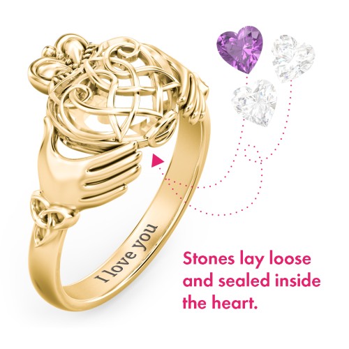 Caged Hearts Celtic Claddagh Ring – 10K Yellow Gold with Diamond and Amethyst