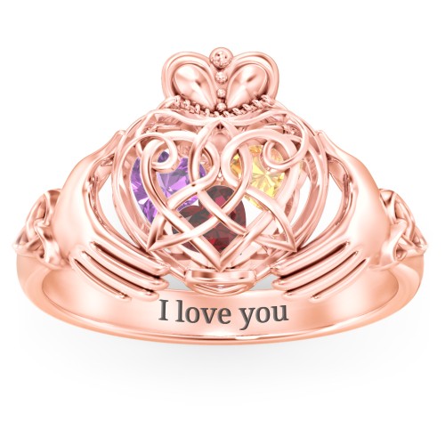 Caged Hearts Celtic Claddagh Ring – 10K Rose Gold with Garnet, Citrine, and Amethyst