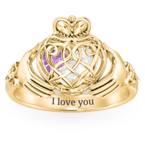 Caged Hearts Celtic Claddagh Ring – 10K Yellow Gold with Diamond and Amethyst