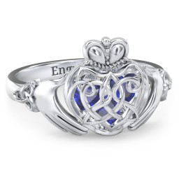 Caged Hearts Celtic Claddagh Ring in 925 Sterling Silver with Blue Sapphire