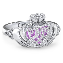 Caged Hearts Celtic Claddagh Ring in 925 Sterling Silver with Amethyst