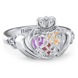 Caged Hearts Celtic Claddagh Ring in 925 Sterling Silver with Garnet, Citrine, and Amethyst