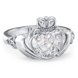 Caged Hearts Celtic Claddagh Ring in 925 Sterling Silver with Opal
