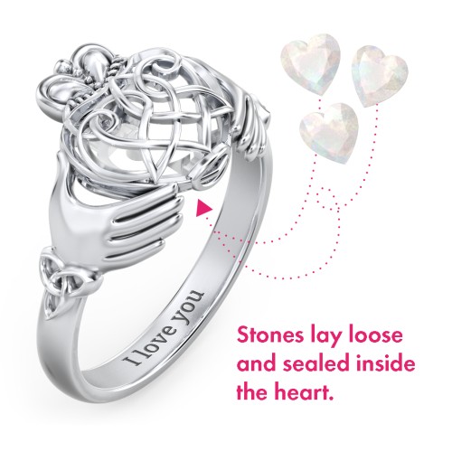 Caged Hearts Celtic Claddagh Ring – Sterling Silver with Opal
