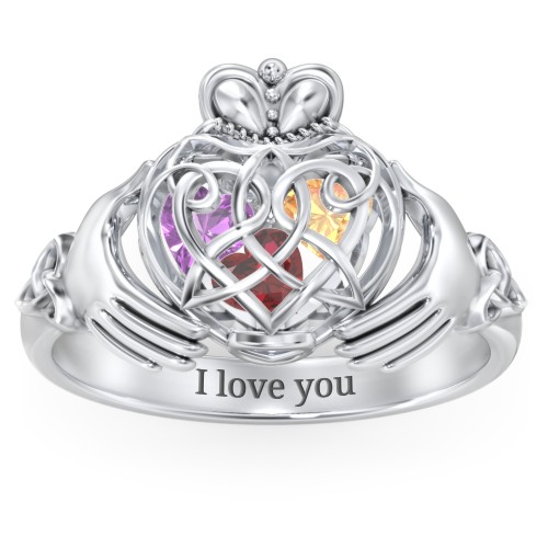 Caged Hearts Celtic Claddagh Ring – Sterling Silver with Garnet, Citrine, and Amethyst