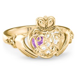 Caged Hearts Celtic Claddagh Ring in 10K Solid Yellow Gold with Diamond