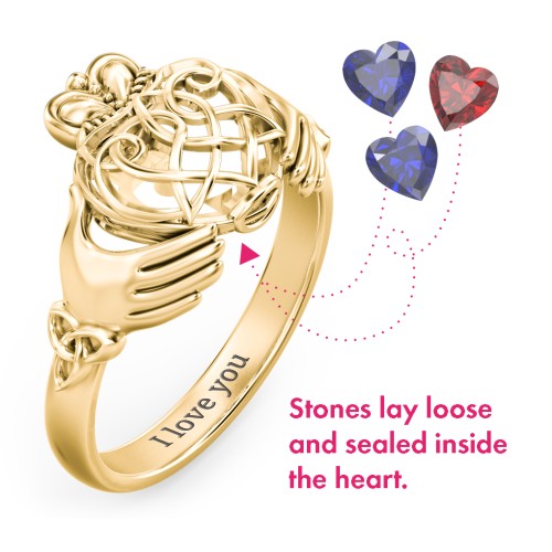 Caged Hearts Celtic Claddagh Ring – 10K Yellow Gold with Blue Sapphire and Garnet
