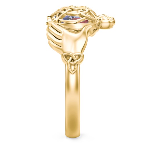Caged Hearts Celtic Claddagh Ring – 10K Yellow Gold with Blue Sapphire and Garnet