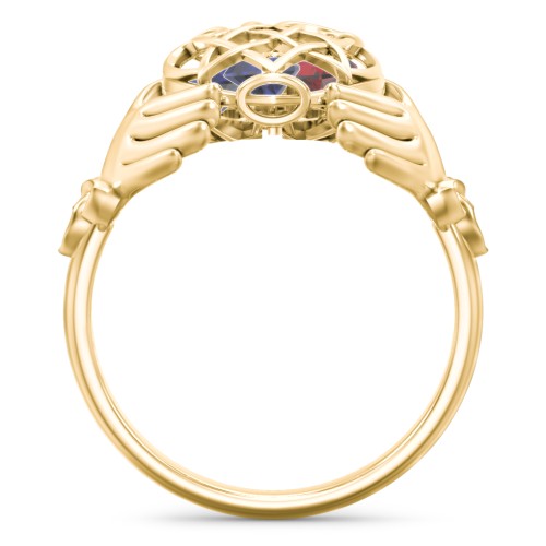 Caged Hearts Celtic Claddagh Ring – 10K Yellow Gold with Blue Sapphire and Garnet