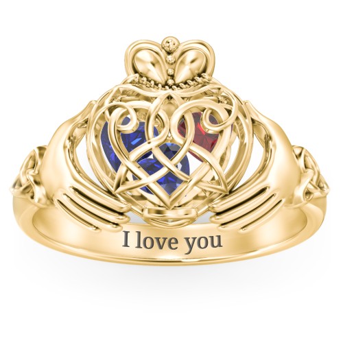 Caged Hearts Celtic Claddagh Ring – 10K Yellow Gold with Blue Sapphire and Garnet