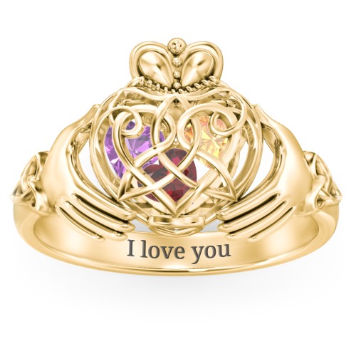 Caged Hearts Celtic Claddagh Ring – 10K Yellow Gold with Garnet, Citrine, and Amethyst