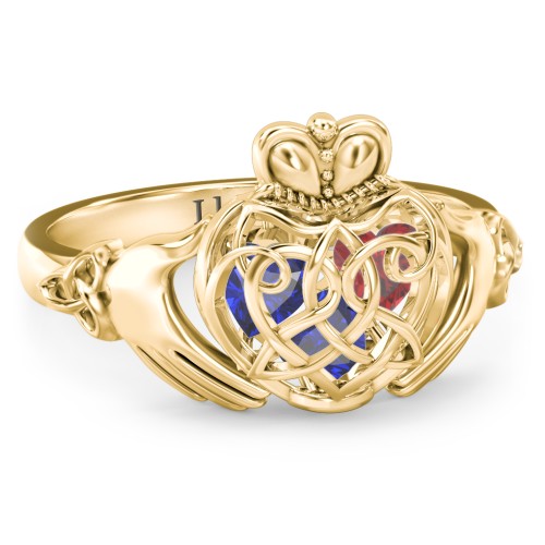 Caged Hearts Celtic Claddagh Ring – 10K Yellow Gold with Blue Sapphire and Garnet
