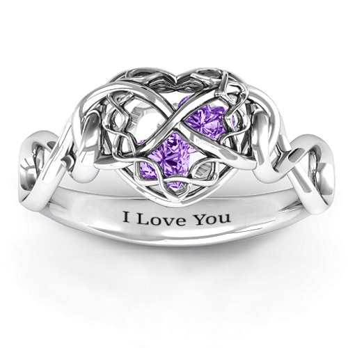 My Infinite Love Caged Hearts Ring – Sterling Silver with Amethyst