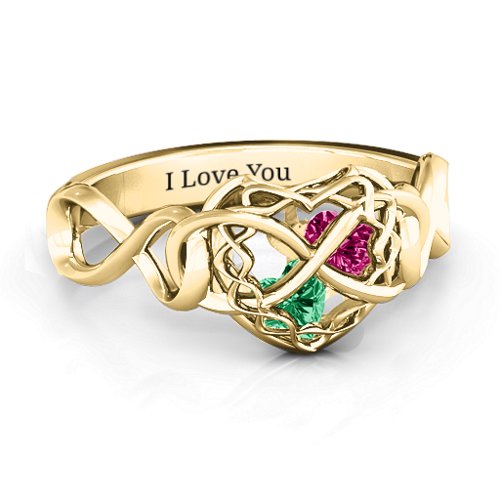My Infinite Love Caged Hearts Ring – 10K Yellow Gold with Emerald and Ruby