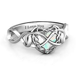 My Infinite Love Caged Hearts Ring in 925 Sterling Silver with Opal and Cubic Zirconia