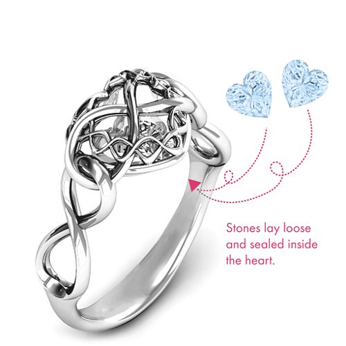 My Infinite Love Caged Hearts Ring – Sterling Silver with Aquamarine