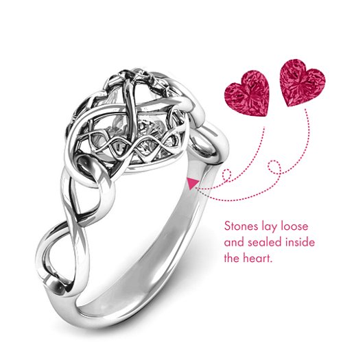 My Infinite Love Caged Hearts Ring – Sterling Silver with Ruby
