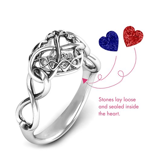 My Infinite Love Caged Hearts Ring – Sterling Silver with Blue Sapphire and Garnet