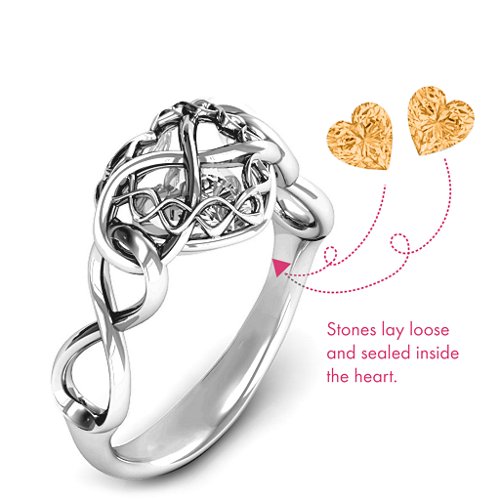 My Infinite Love Caged Hearts Ring – Sterling Silver with Citrine