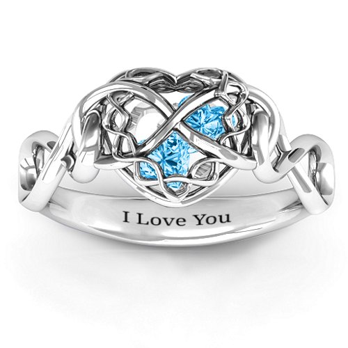 My Infinite Love Caged Hearts Ring – Sterling Silver with Blue Topaz